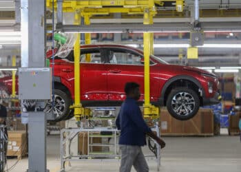 A VinFast Auto Ltd. VF 6 electric vehicle on an assembly line at a factory in Thoothukudi, Tamil Nadu, India. Photographer: Dhiraj Singh/Bloomberg