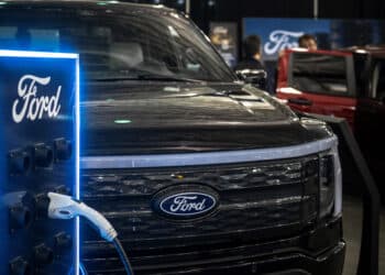 A Ford F-150 Lightning Platinum electric pickup truck during the Montreal Electric Vehicle Show in Montreal, Quebec, Canada, on Friday, May 2, 2025. The event gathers over 15 car manufacturers for the largest event in Canada entirely dedicated to electromobility.