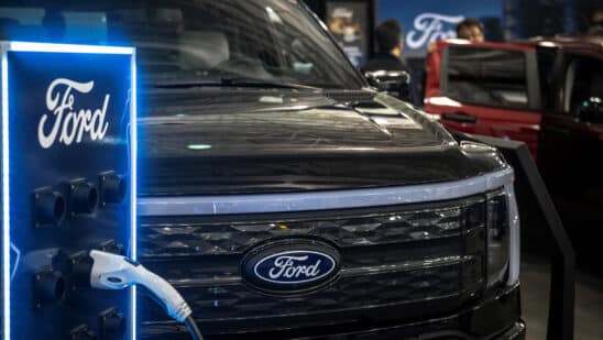 A Ford F-150 Lightning Platinum electric pickup truck during the Montreal Electric Vehicle Show in Montreal, Quebec, Canada, on Friday, May 2, 2025. The event gathers over 15 car manufacturers for the largest event in Canada entirely dedicated to electromobility.
