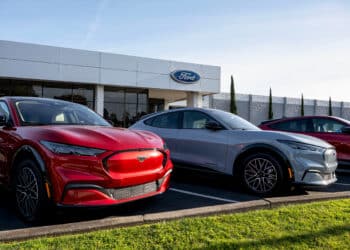 Ford EV vehicles at a Ford dealership in Richmond, California. Photographer: David Paul Morris/Bloomberg