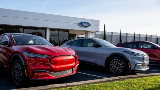 Ford EV vehicles at a Ford dealership in Richmond, California. Photographer: David Paul Morris/Bloomberg