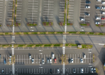 aerial view cars on parking lot