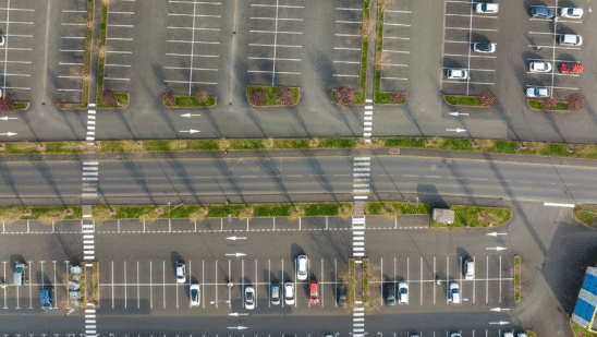 aerial view cars on parking lot