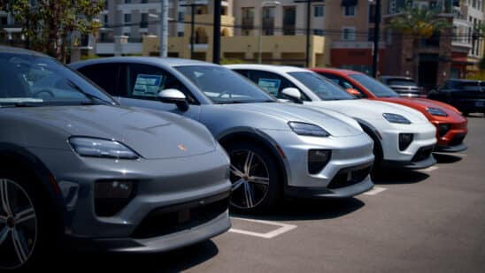 New Porsche vehicles for sale at a Porsche dealership in Los Angeles, California, US, on Wednesday, April 30, 2025. Companies around the world are sounding a warning that US President Donald Trump's import tariffs are beginning to wreak havoc on their businesses. Photographer: Eric Thayer/Bloomberg