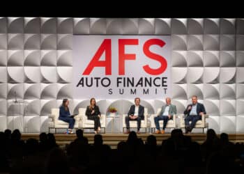 From left: Auto Finance News' Amanda Harris, Capital One's Annie Fallows, Hyundai Capital America's Daniel Novotny, Bank of America's Tim Owens, Wells Fargo Auto's Kevin Reen at AFS 2025.
