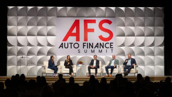 From left: Auto Finance News' Amanda Harris, Capital One's Annie Fallows, Hyundai Capital America's Daniel Novotny, Bank of America's Tim Owens, Wells Fargo Auto's Kevin Reen at AFS 2025.
