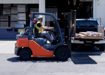 A worker drives a forklift outside a Foundation Building Materials warehouse in Los Angeles, California, US, on Wednesday, Aug. 20, 2025. Lowes Cos. agreed to buy Foundation Building Materials for about $8.8 billion in cash, accelerating the home-improvement supplier's push to serve more professional customers. Photographer: Eric Thayer/Bloomberg