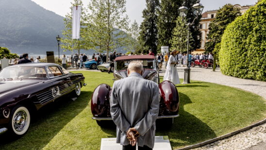 A vintage 1939 Delage D8-120 automobile at the Concorso DEleganza at Villa dEste in Italy.