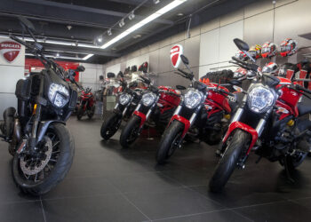 A Ducati Diavel Dark motorcycle, left, stands next to four Ducati Monster 821 motorcycles manufactured by Ducati Motor Holding SpA at the company's showroom in Beijing, China, on Friday, Aug. 5, 2016. With China's motorcycle market in decline, makers of superbikes are adding lighter, sleeker and less powerful models to their offering, trying to appeal to well-heeled novice riders and, especially, women.