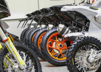 Completed KTM Duke motorcycles stand inside the KTM-Sportmotorcycle AG motorcycle manufacturing facility in Mattighofen, Austria, on Monday, April 29, 2019. As Austria emerged from the rubble of World War II, KTM churned out inexpensive, durable two-wheelers to help a broken nation hit the road again.