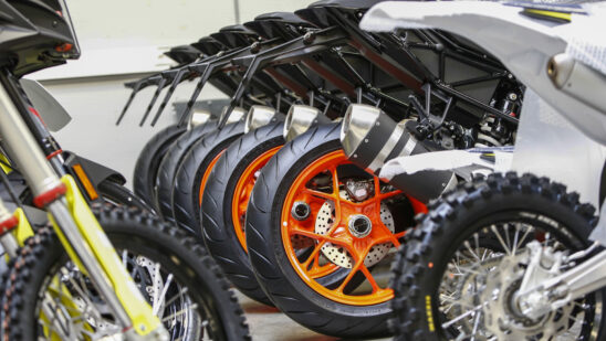 Completed KTM Duke motorcycles stand inside the KTM-Sportmotorcycle AG motorcycle manufacturing facility in Mattighofen, Austria, on Monday, April 29, 2019. As Austria emerged from the rubble of World War II, KTM churned out inexpensive, durable two-wheelers to help a broken nation hit the road again.