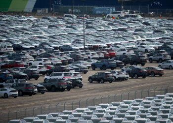 New vehicles at the Port of Newark Auto Terminal in Newark, New Jersey.