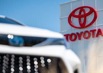 Toyota signage at a dealership in Richmond, California, US.