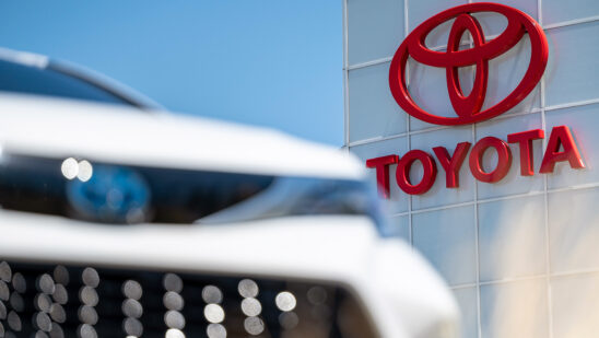 Toyota signage at a dealership in Richmond, California, US.