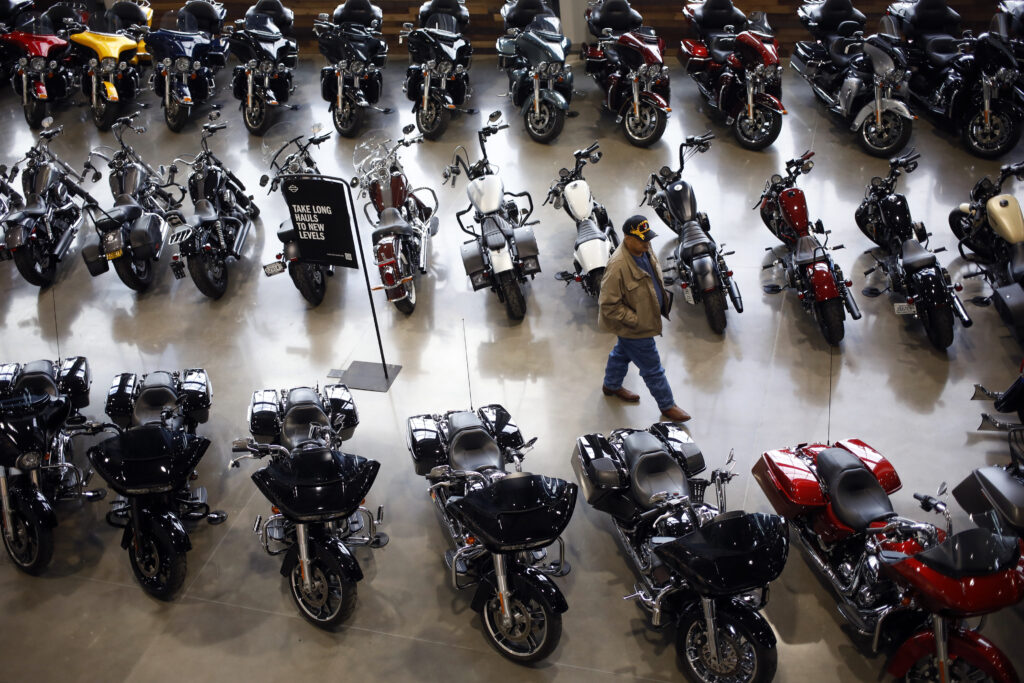 Motorcycles at the Bluegrass Harley-Davidson dealership in Louisville, Kentucky, U.S., on Wednesday, Feb. 9, 2022. Harley-Davidson Inc. gained after reporting a surprise profit in the fourth quarter as strong demand in its home market and higher motorcycle prices padded earnings and shipping delays eased.
