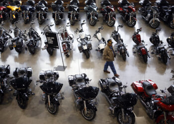 Motorcycles at the Bluegrass Harley-Davidson dealership in Louisville, Kentucky, U.S., on Wednesday, Feb. 9, 2022. Harley-Davidson Inc. gained after reporting a surprise profit in the fourth quarter as strong demand in its home market and higher motorcycle prices padded earnings and shipping delays eased.