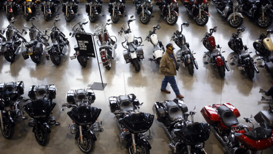 Motorcycles at the Bluegrass Harley-Davidson dealership in Louisville, Kentucky, U.S., on Wednesday, Feb. 9, 2022. Harley-Davidson Inc. gained after reporting a surprise profit in the fourth quarter as strong demand in its home market and higher motorcycle prices padded earnings and shipping delays eased.