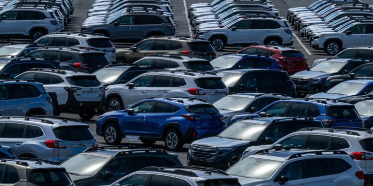 New Subaru vehicles in a storage lot at Auto Warehousing Co. in Richmond, California, US, on Monday, Sept. 8, 2025. Japanese auto shares climbed in Tokyo after Donald Trump signed an executive order confirming a deal that limits US tariffs on the sector to 15%, lifting investor sentiment. Photographer: David Paul Morris/Bloomberg