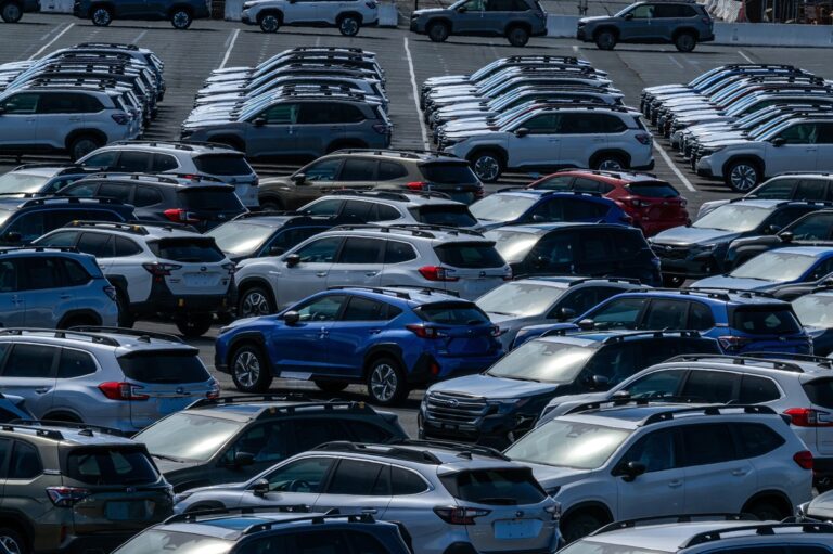 New Subaru vehicles in a storage lot at Auto Warehousing Co. in Richmond, California, US, on Monday, Sept. 8, 2025. Japanese auto shares climbed in Tokyo after Donald Trump signed an executive order confirming a deal that limits US tariffs on the sector to 15%, lifting investor sentiment. Photographer: David Paul Morris/Bloomberg