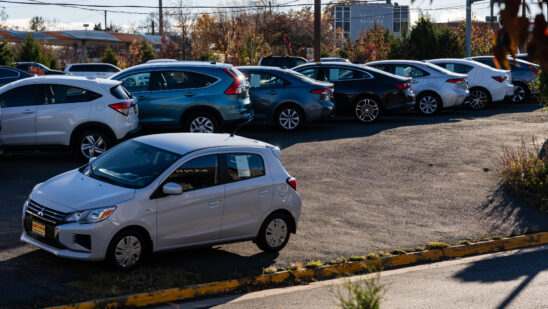 Used vehicles at a dealership in Falls Church, Virginia, US, on Tuesday, Nov. 11, 2025. With ongoing inflation pressures and the return of student loan bills, millions of car owners are struggling to afford their monthly payments.