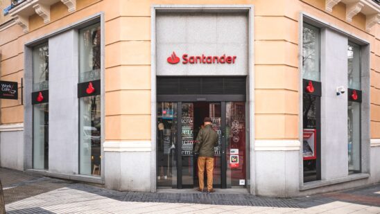 A Banco Santander SA bank branch in Madrid, Spain, on Tuesday, Feb. 3, 2026. The euro-area economy grew more than expected at the end of last year, with Spain proving the standout performer once again through expansion of 0.8%.