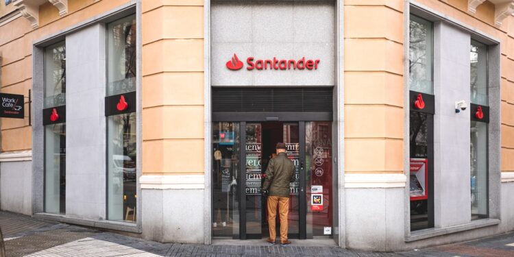 A Banco Santander SA bank branch in Madrid, Spain, on Tuesday, Feb. 3, 2026. The euro-area economy grew more than expected at the end of last year, with Spain proving the standout performer once again through expansion of 0.8%.