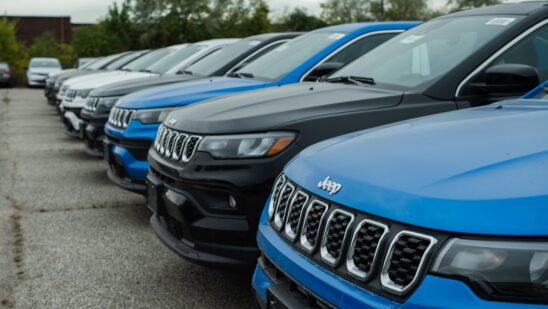 Jeep Compass SUVs at a dealership in Mississauga, Ontario, Canada, on Friday, Oct. 17, 2025. Canadian Prime Minister Mark Carney said Stellantis NV will decide on future vehicle production at its factory in Brampton, Ontario, once a review of the North American free trade deal is finalized. Photographer: Laura Proctor/Bloomberg