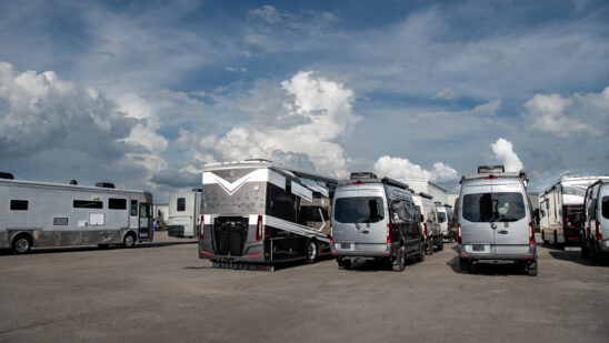 New vehicles, produced by Tiffin Motorhomes, for sale at the company's lot in Red Bay, Alabama, US, on Tuesday, Aug. 12, 2025. The Atlanta Fed chief said he still views one rate cut as likely this year - if the labor market holds up - but he is open minded about when to move. Photographer: Andi Rice/Bloomberg