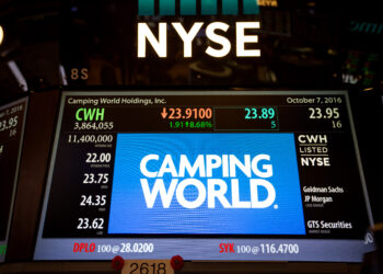 Camping World Holdings Inc. signage is displayed on a monitor on the floor of the New York Stock Exchange (NYSE) in New York, U.S., on Friday, Oct. 7, 2016. U.S. stocks fell after jobs data showing steady growth in the labor market likely kept the Federal Reserve on track to tighten monetary policy this year as investors turn to the third-quarter earnings season.