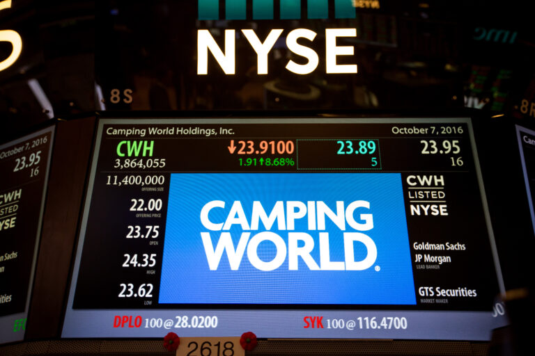Camping World Holdings Inc. signage is displayed on a monitor on the floor of the New York Stock Exchange (NYSE) in New York, U.S., on Friday, Oct. 7, 2016. U.S. stocks fell after jobs data showing steady growth in the labor market likely kept the Federal Reserve on track to tighten monetary policy this year as investors turn to the third-quarter earnings season.