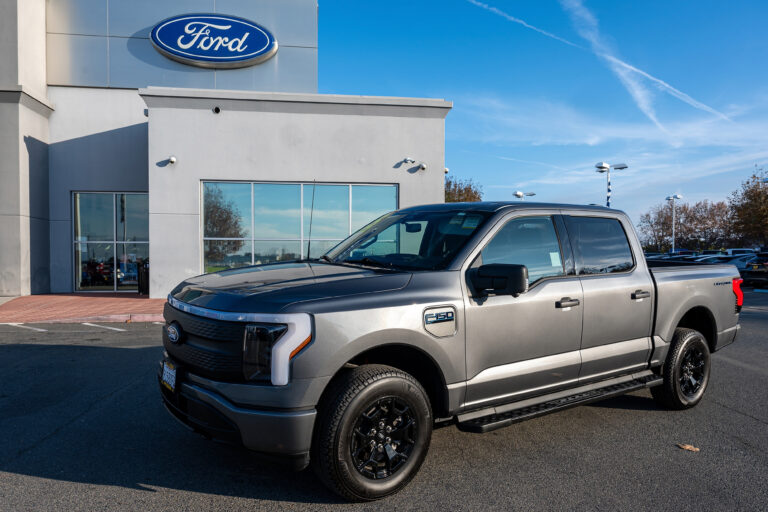 A 2025 Ford Lightning electric vehicle (EV) at a Ford dealership in Antioch, California, US, on Thursday, Dec. 18, 2025. Ford Motor Co. will take $19.5 billion in charges tied to a sweeping overhaul of its electric vehicle business after struggling for years to make it profitable. Photographer: David Paul Morris/Bloomberg