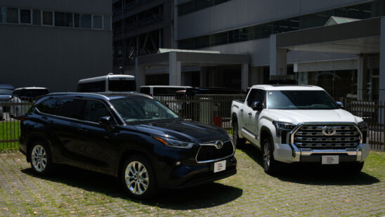 A US-manufactured Toyota Motor Corp. Tundra pickup truck, right, and Highlander SUV displayed in Tokyo, Japan, on Monday, May 18, 2026. Toyota has filed for approval to build a new manufacturing facility in Texas, building on momentum in the US as President Donald Trump pressures carmakers to bolster domestic production.