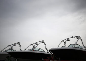 Completed Mastercraft Boat Co. inboard speed boats sit after rolling off the assembly line at the Mastercraft factory in Vonore, Tennessee, U.S. on Tuesday, Feb. 4, 2014. Orders for U.S. factory goods, excluding transportation, rose .2 percent in December, according to data released by the Census Bureau. Photographer: Luke Sharrett/Bloomberg